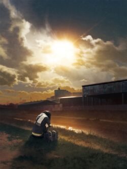lonely girl sunset riverbank melancholy industrial background clouds golden hour reflection solitude school bag winter outfit nostalgia emotional scenery
