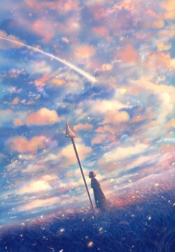 shooting star sunset field clouds dreamy peaceful sky girl silhouette nature ethereal twilight scenic melancholy serene