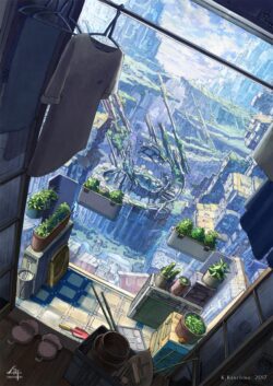post apocalyptic apartment view sky bridge futuristic city ruins overgrown plants balcony scifi illustration urban decay vertical view