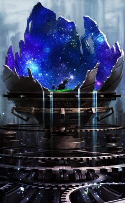 Galaxy in broken sphere cosmic egg on gears steampunk mechanism starry night universe mechanical platform water flowing over metal abstract fantasy art clockwork world dark blue and purple light sci fi engine ro