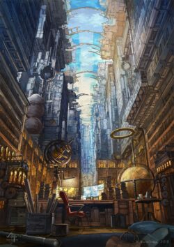futuristic library city view cyberpunk steampunk desk office astronomy globe books skyscrapers sci fi vertical architecture illustration