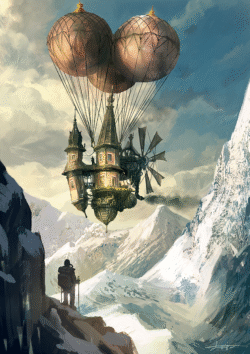 steampunk flying house airship hot air balloon snowy mountains winter landscape fantasy adventure explorer scenic view concept art whimsical travel majestic