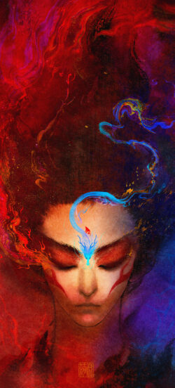 The Awakening Fire Within. 🔥🌀 Nezha, in a moment of profound meditation, radiates with explosive energy. This stunning artwork captures the essence of the Lotus Prince – fiery passion intertwined with spiritual serenity, an iconic deity from Chinese mythology Abstract and vibrant digital painting of Nezha, a Chinese mythological deity, with closed eyes, a glowing blue symbol on the forehead, and swirling red and blue fiery energy emanating from the head.