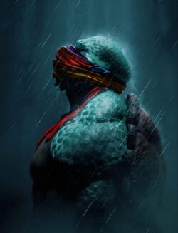 A realistic, gritty depiction of a humanoid turtle creature, blindfolded with a colorful sash, standing stoically in the pouring rain. A realistic digital painting of a humanoid turtle creature, blindfolded with a colorful cloth, standing in the rain.