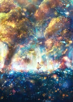 fantasy forest magical glowing trees animegirl sparkles fireflies digitalart mystical nature vibrant light wonder