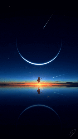crescent moon silhouette shooting star reflection water sunset horizon minimal dreamy surreal night sky blue aesthetic peaceful celestial calm