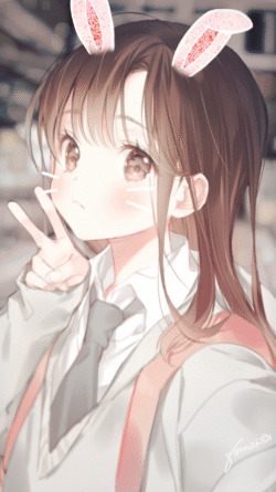 anime girl brown hair school uniform bunny ears filter peace sign blushing v sign kawaii close up selfie style sparkles soft shading cute expression