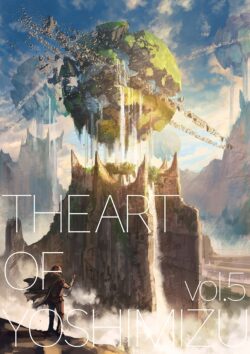 Epic fantasy landscape floating island ruins waterfall castle The Art of Yoshimizu vol.5 massive stone fortress man with cape silhouette surreal sky high fantasy art mythical world ancient civilization cracked