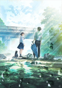 anime couple river stepping stones black cat summer scenery lens flare blue sky bridge refreshing breeze shonen aesthetic romance scenic nature