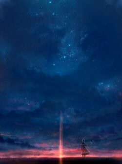 starlit night sky nebula milky way horizon lonely figure vast cosmos mystical dreamy peaceful dark blue glowing fantasy scenic