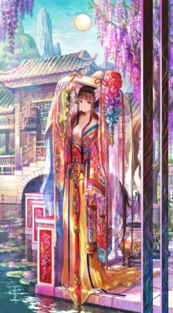 oriental fantasy fox girl kimono detailed background wisteria temple landscape vibrant colors full body mythology lantern moonlight traditional clothing