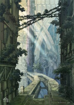 post apocalyptic city overgrown futuristic architecture nature reclaiming urban decay sci fi ruins abandoned path illustration vertical