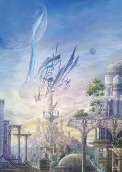 fantasy city futuristic ancient ruins white architecture flying object alien planet sci fi celestial illustration epic scale bright sky