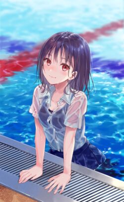 swimming pool girl wet hair school uniform summer vibes blue water refreshing smile youthful concept manga illustration detailed background casual look