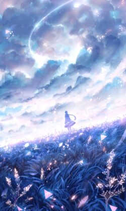 fantasy girl field grass magical sky purple blue clouds glowing particles shooting star scenic illustration dreamlike solitude vibrant