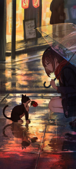 girl cat rose umbrella rain night digitalart urban street reflection warmglow mystery romantic alone