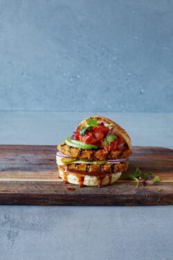 burger gourmet vegetarian avocado tomato sauce grill food styling dinner healthy sandwich pickles culinary delicious rustic board