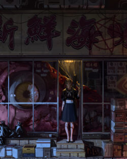A girl in a school uniform stands in the doorway of a grotesque shop featuring a giant eyeball in the window, under a sign with Chinese characters. A digital horror illustration of a girl in a school uniform standing in a shop doorway, with a giant eyeball displayed in the bloody window.