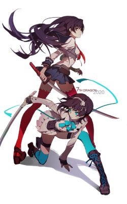 7th dragon 2020 samurai sword katana warrior girl battle ready jRPG sega manga style action pose combat waifu illustration character design