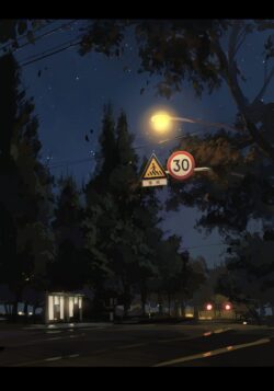 night street trees sidewalk sign 30kmh school stoplight urban illustration moody dark anime digitalart road