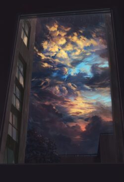 window view sky clouds sunset rain apartment cityscape moody dramatic digitalart urban painting evening