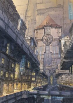 futuristic city monolithic clock tower sci fi architecture urban dystopia industrial design gloomy sky concept art cityscape massive structures technical drawing