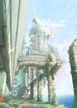 ruins ancient castle sky ocean travel adventure fantasy architecture clouds exploration manga style peaceful nature white tower