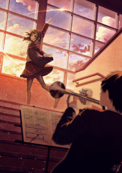 anime girl musical conductor trumpet player music classroom sunset light school uniform melancholy artistic rhythm rehearsal golden hour orchestra