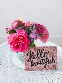 flowers pink rose bouquet hello beautiful card calligraphy tablecloth still life romantic gift floral vibrant greeting