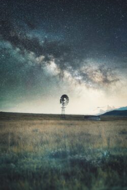milky way galaxy stars night sky astrophotography windmill farm countryside astronomy universe nature scenery rural nebula space