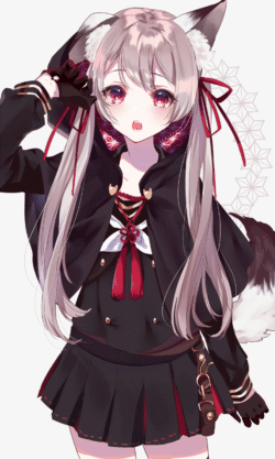 anime girl kemonomimi fox ears tail hoodie black outfit ribbons red eyes silver hair blushing cute detailed shading waist up vibrant colors