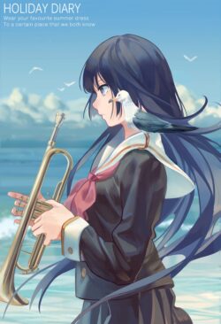 summer holiday ocean beach seagull trumpet music girl sailor uniform breeze vacation sea horizon blue sky serene peaceful