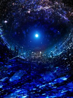 digital cityscape night sky stars universe cyberpunk abstract blue futuristic urban view galaxy illustration deep space moon vibrant