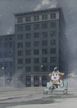 building snow winter city bench cartoon cute rabbit character illustration moody cold digitalart street