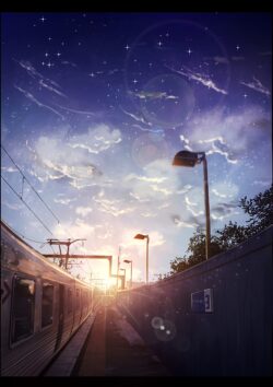 train station platform sunset sunrise stars night sky railroad commuter rail vibrant illustration moody scene travel urban