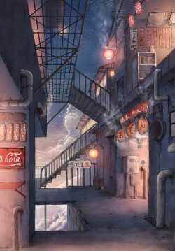 alleyway japanese street night sky milky way clouds architecture urban retro vintage dreamy nostalgia showa era street lights stars