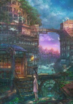 steampunk city mechanical world fantasy architecture warm lights magic shop digital painting detailed scenery fairytale mystical adventure game art