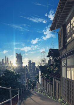 japanese town skyline city buildings daytime sunlight traditional house modern architecture illustration blue sky view urban