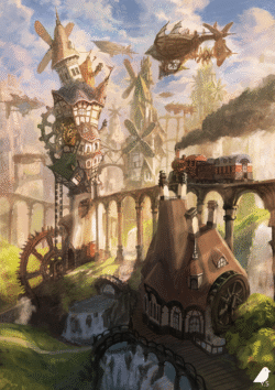 steampunk village flying ships mechanical windmills fantasy world industrial aesthetic steam train adventure floating islands whimsical architecture concept art