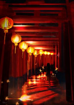 red lanterns shrine torii gate japanese culture traditional night glow mystical atmosphere girl walking spirit world warm light fantasy art spiritual