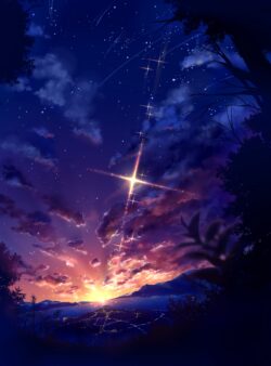 sunset star shooting star night sky twilight mountains clouds purple orange horizon cosmic astronomy scenic evening view