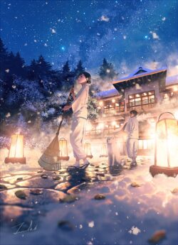 winter snow night temple japan starrynight traditional peaceful lanterns cleaning dog snowing warmth atmosphere cinematic
