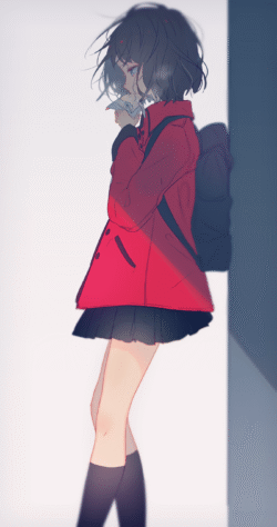 anime girl short hair messy hair red coat black skirt backpack profile view leaning wall gloomy mood soft lighting winter vibes illustration side view