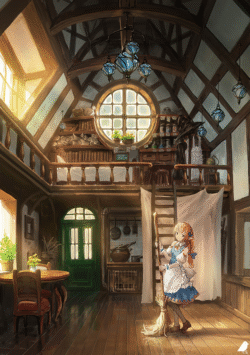An elf girl sweeping in a warm, sunlit wooden attic or loft with a large circular window. Fantasy anime illustration of a warm wooden loft with a girl sweeping.