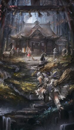 forest shrine jinja japanese temple mystical woods miko shrine maiden witch magic nature pathway spiritual tranquil painting folklore mysterious