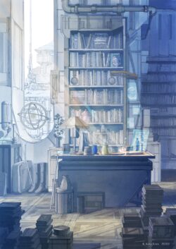 library office books workspace blueprint mechanical blueprint indoors morning sunlight hologram cozy interior study organized