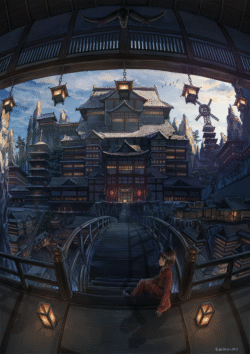 japanese architecture bridge girl traditional temple lanterns night sky fantasy town detailed artwork fisheye perspective evening cultural