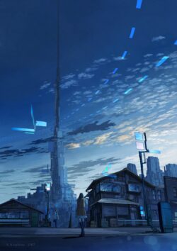 futuristic city tower skyscraper urban street japanese house blue sky technology dystopian illustration modern old contrast