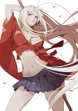 warrior girl white hair red outfit katana sword dynamic pose action manga samurai style falling petals strong character digital sketch fantasy illustration