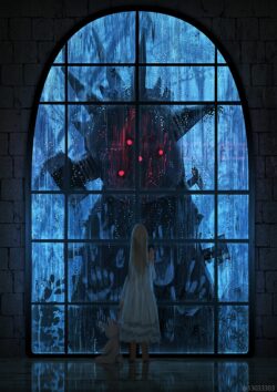 rain window monster shadow horror creepy child plush toy darkness spooky night mystery gothic atmosphere fear indoor
